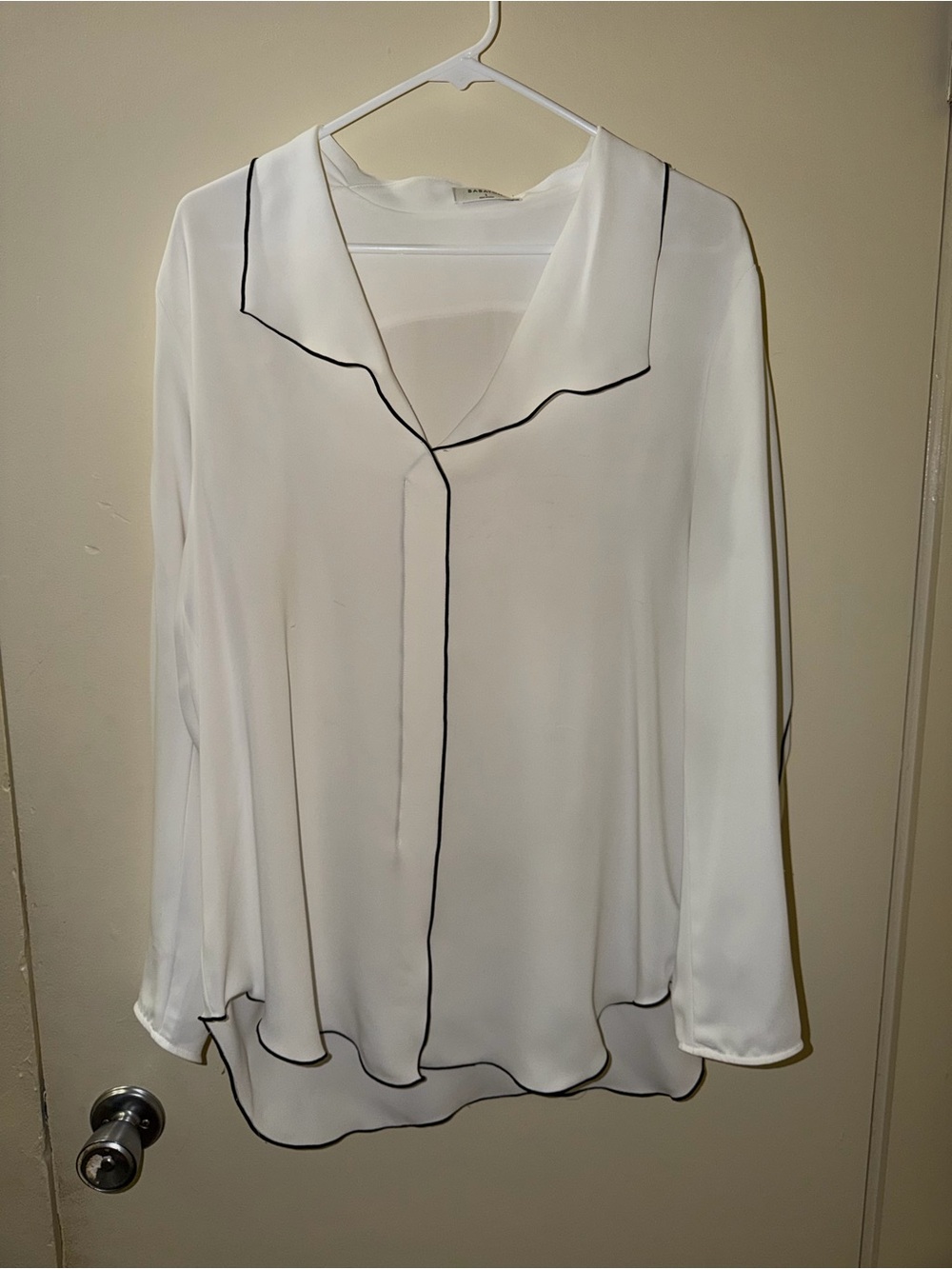 Babaton White Silk-Look Blouse with Black Trim